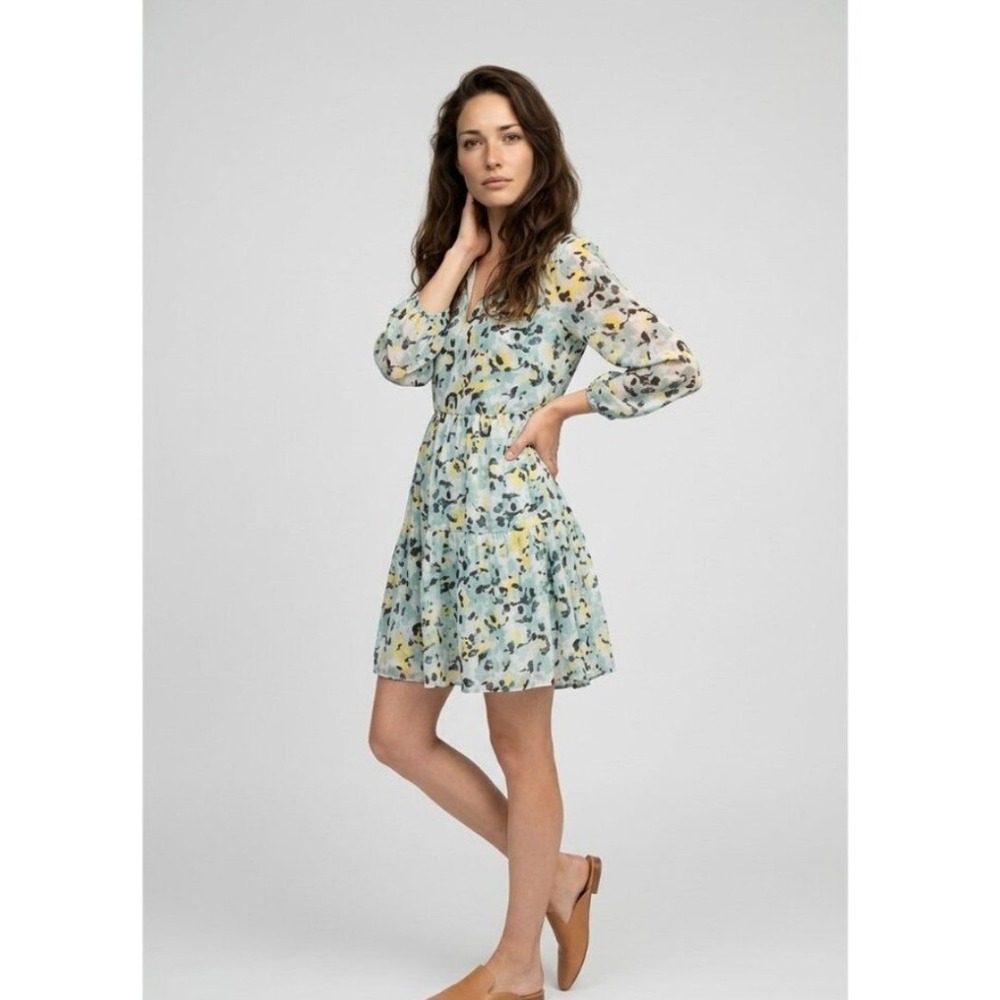 Ann Taylor Factory Teal Floral Tiered Babydoll Dress‎ Size 16 Watercolor Chiffon
